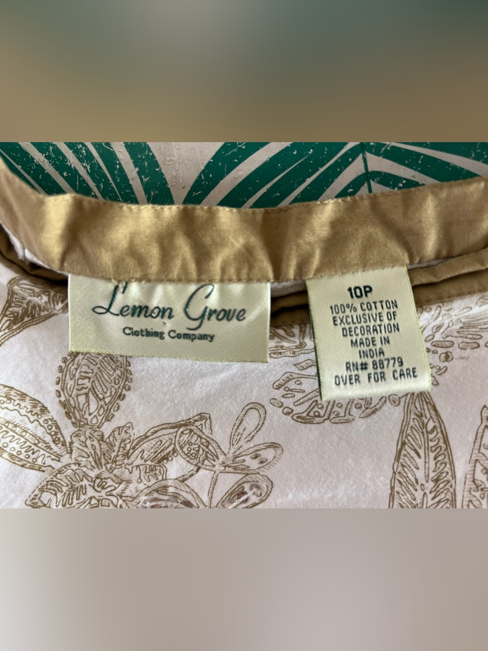 Lemon Grass Cotton midi white skirt w/ floral tan pattern and sequins. Sz 10p - Picture 4 of 8